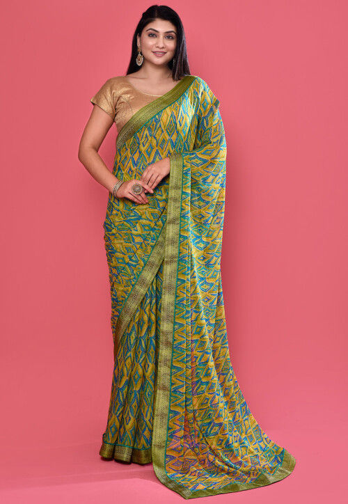 Digital Printed Chiffon Saree in Green