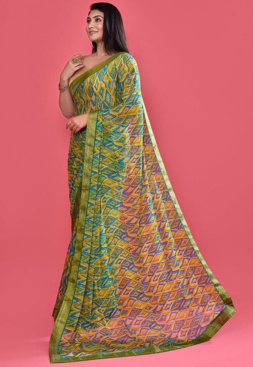 Digital Printed Chiffon Saree in Green
