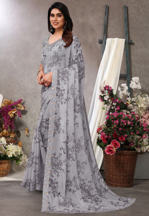 Digital Printed Chiffon Saree in Grey
