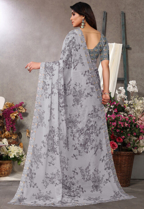 Digital Printed Chiffon Saree in Grey