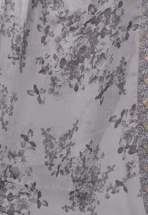 Digital Printed Chiffon Saree in Grey
