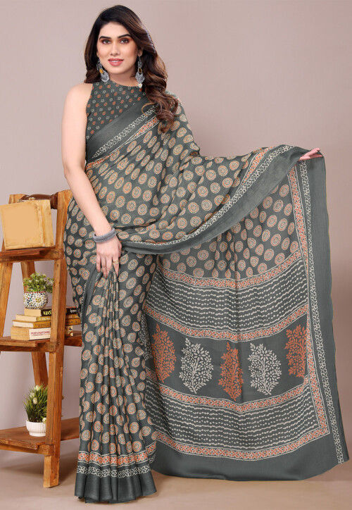 Digital Printed Chiffon Saree in Grey