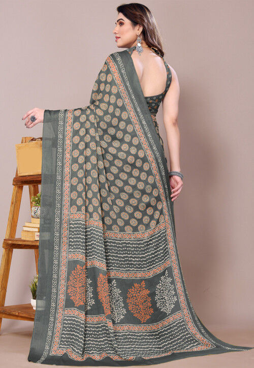 Digital Printed Chiffon Saree in Grey