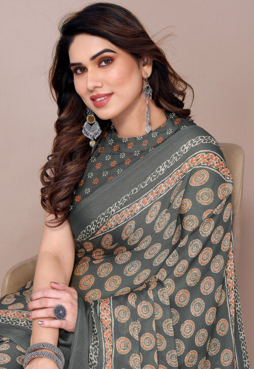 Digital Printed Chiffon Saree in Grey