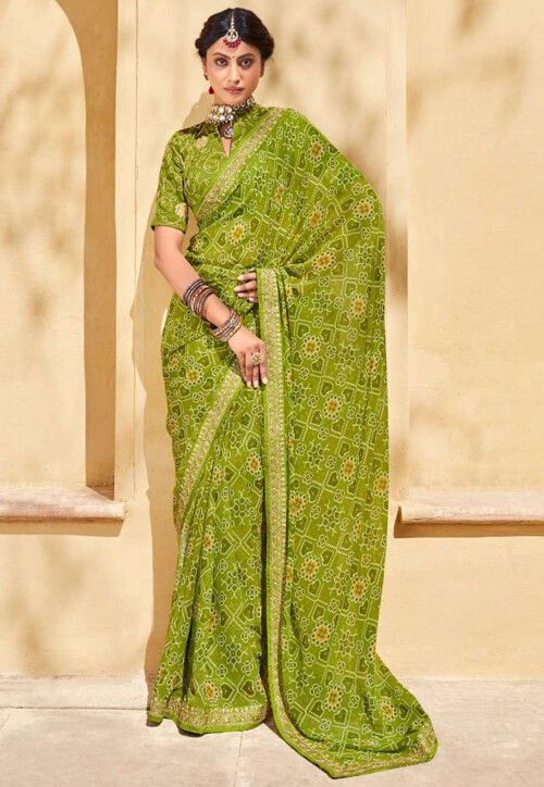 Digital Printed Chiffon Saree in Light Green : SPF5826