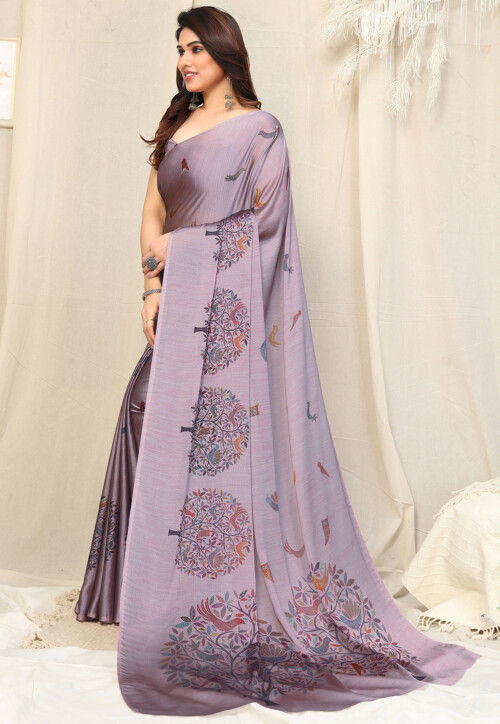 Digital Printed Chiffon Saree in Light Purple