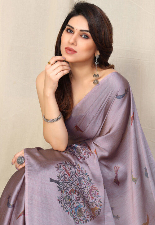 Digital Printed Chiffon Saree in Light Purple
