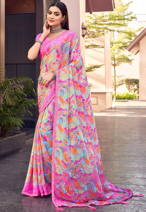 Digital Printed Chiffon Saree in Orange and Multicolor : SSF22896