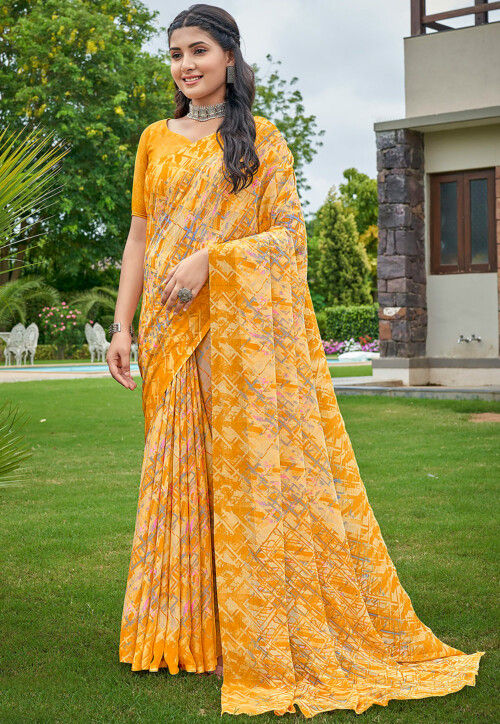 Yellow plain chiffon saree with blouse - SERONA FABRICS - 3875831