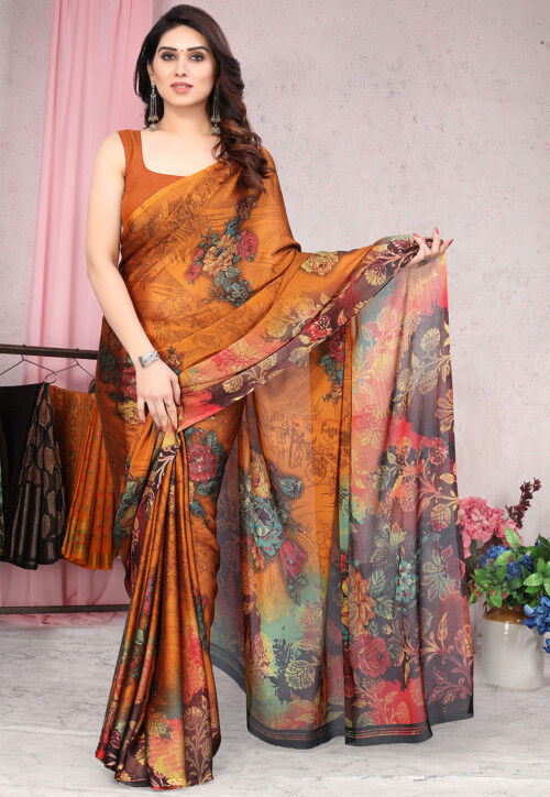 Digital Printed Chiffon Saree in Orange