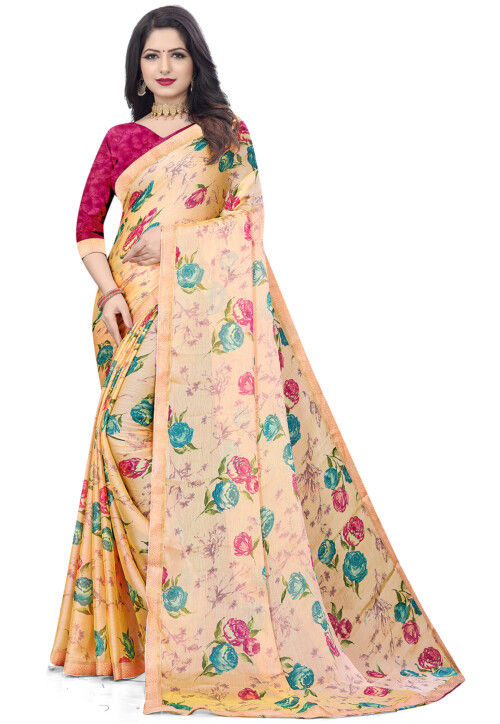 Digital Printed Chiffon Saree in Peach