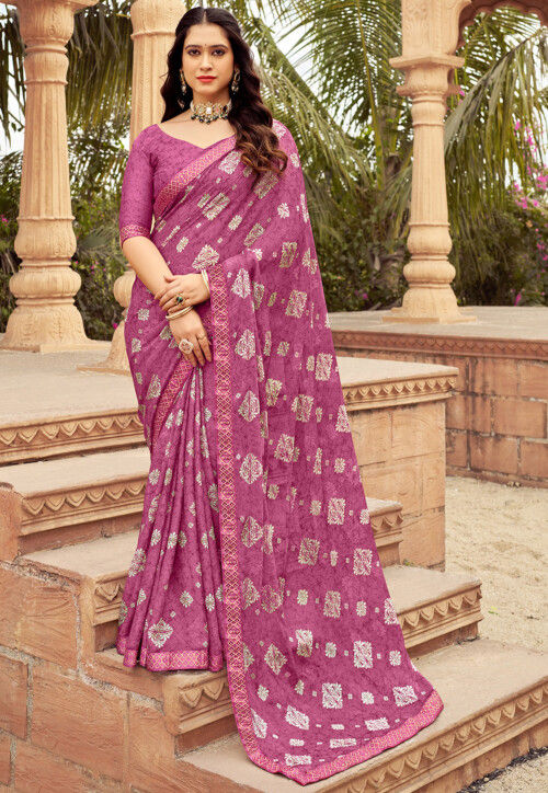 Digital Printed Chiffon Saree in Pink