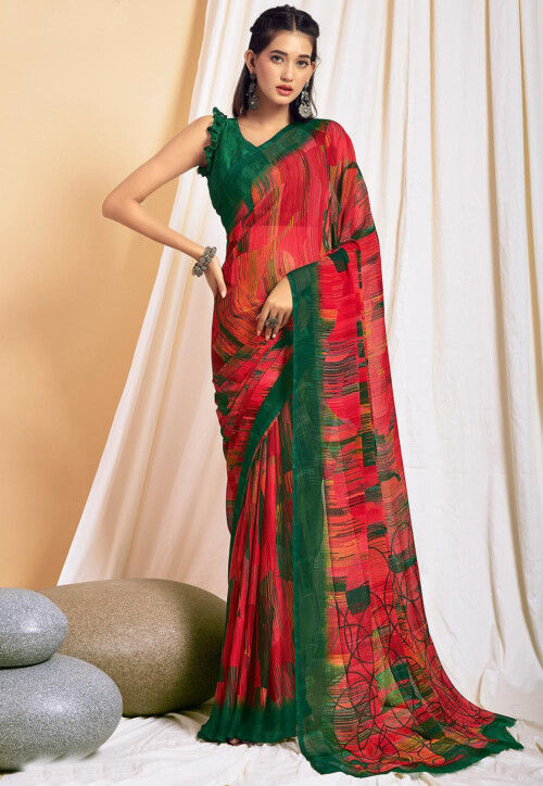 Embellished Chiffon Saree in Red : SYC11907