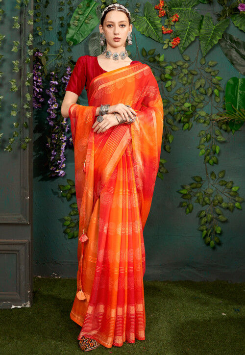 Digital Printed Chiffon Saree in Red and Orange