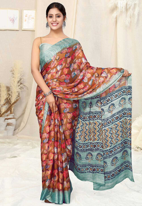 Digital Printed Chiffon Saree in Rust