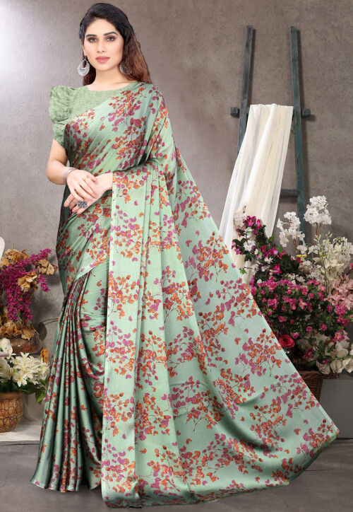 Digital Printed Chiffon Saree in Sea Green