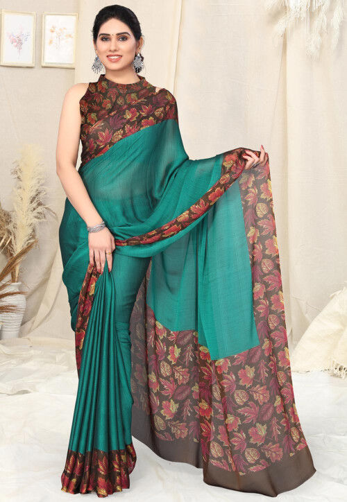 Digital Printed Chiffon Saree in Teal