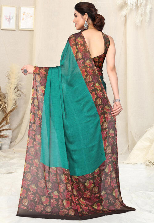 Digital Printed Chiffon Saree in Teal
