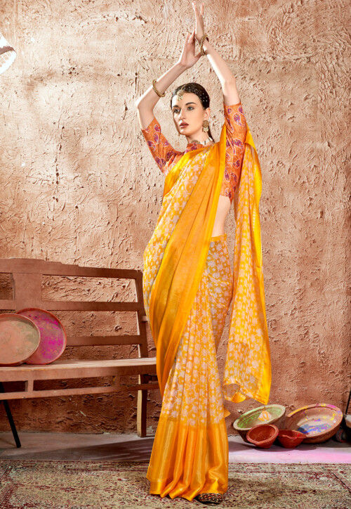 Digital Printed Chiffon Saree in Yellow