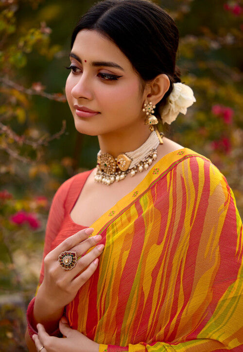 Yellow Printed Chiffon Saree