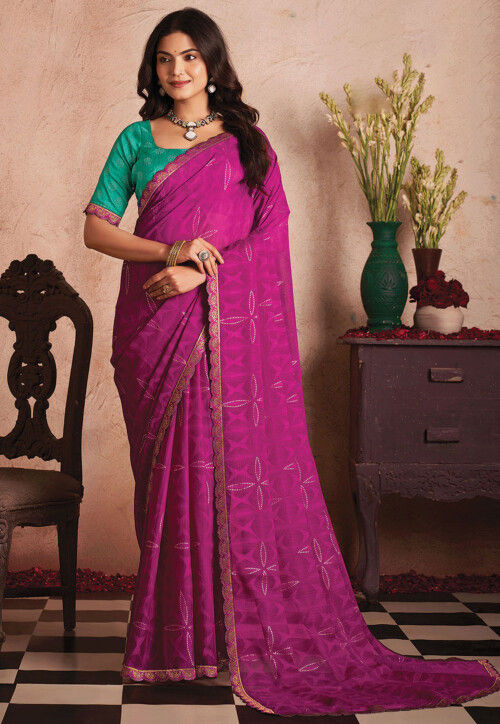 Digital Printed Chiffon Scalloped Saree in Purple