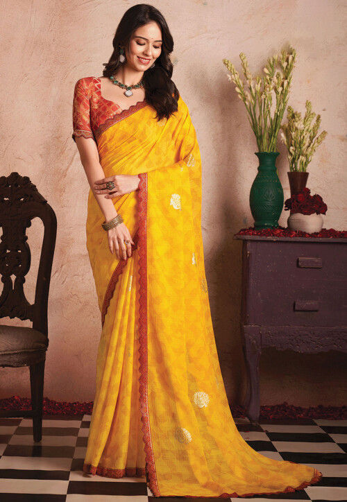 Digital Printed Chiffon Scalloped Saree in Yellow