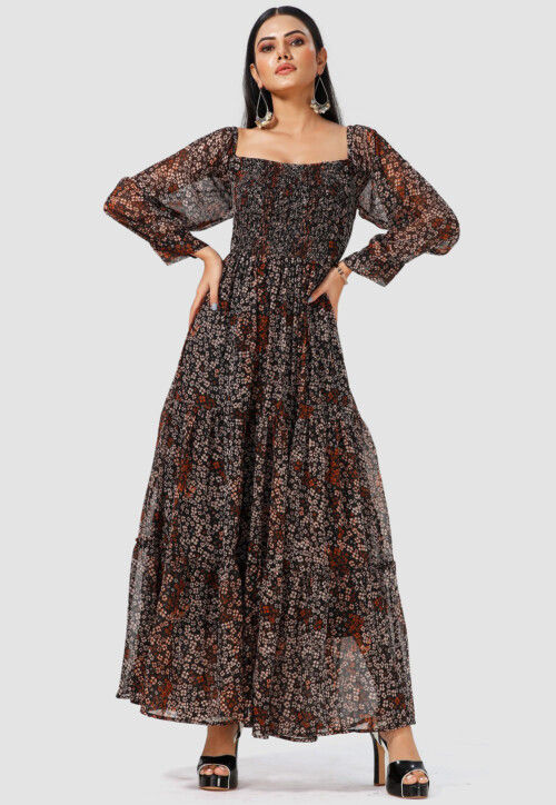 Digital Printed Chiffon Tiered Maxi Dress in Black