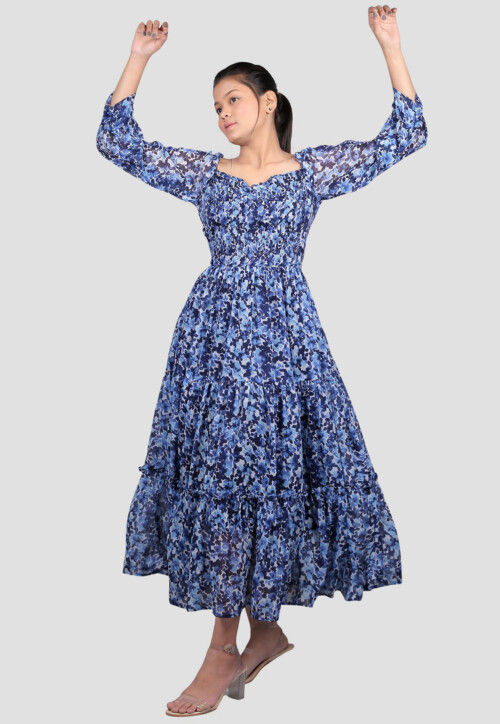 Digital Printed Chiffon Tiered Maxi Dress in Blue