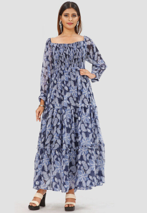 Digital Printed Chiffon Tiered Maxi Dress in Navy Blue