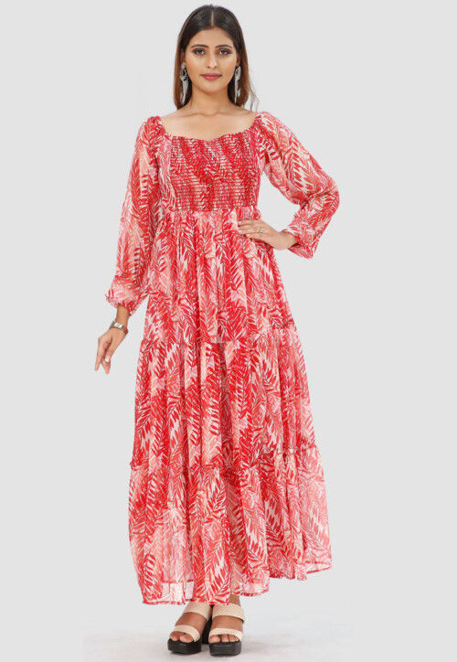 Digital Printed Chiffon Tiered Maxi Dress in Red