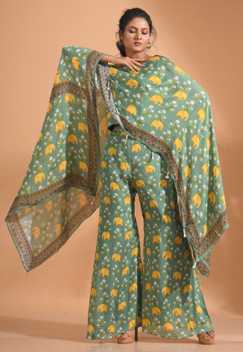 Digital Printed Chiffon Cape Style Top Set in Green