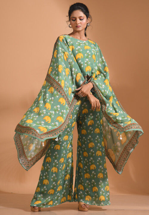Digital Printed Chiffon Cape Style Top Set in Green