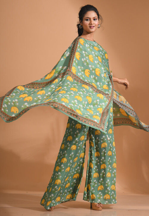 Digital Printed Chiffon Cape Style Top Set in Green