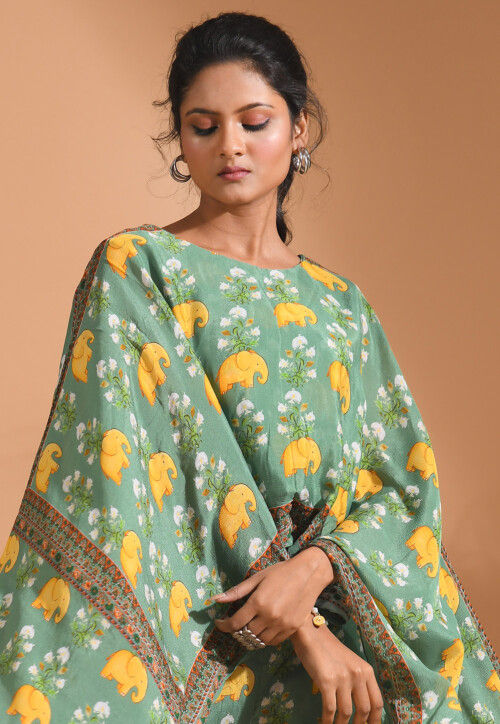 Digital Printed Chiffon Cape Style Top Set in Green