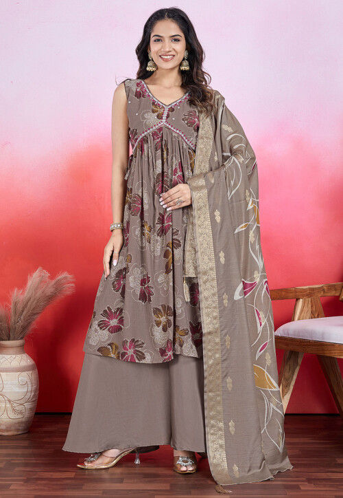 Digital Printed Chinon Chiffon A Line Suit in Fawn