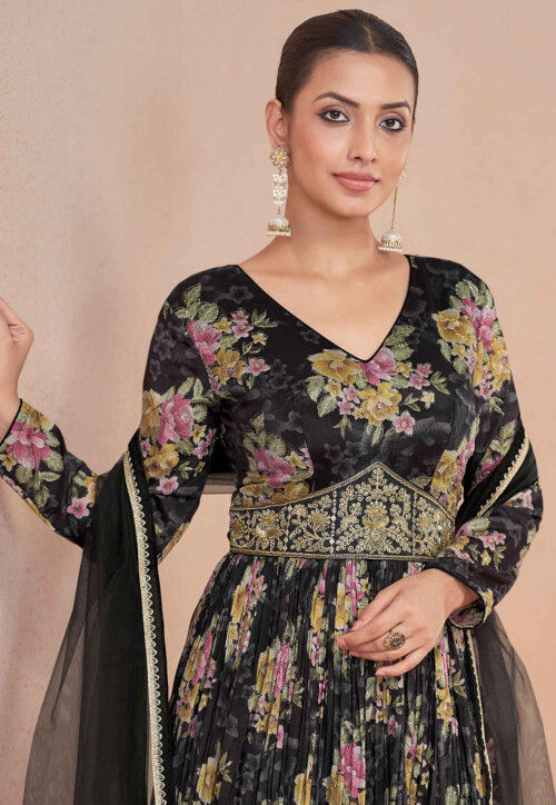 Digital Printed Chinon Chiffon Abaya Style Suit in Black