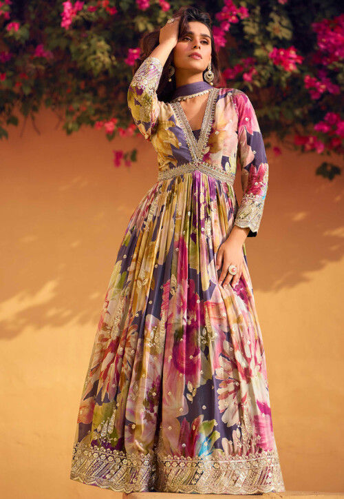 Digital Printed Chinon Chiffon Abaya Style Suit in Multicolor