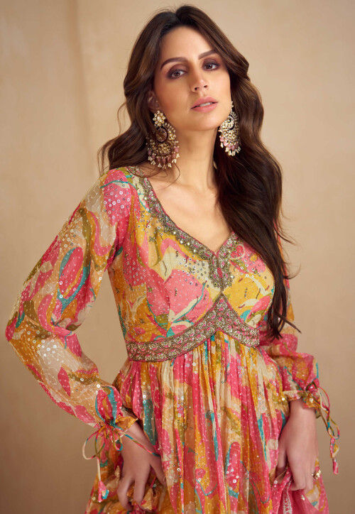 Digital Printed Chinon Chiffon Abaya Style Suit in Multicolor