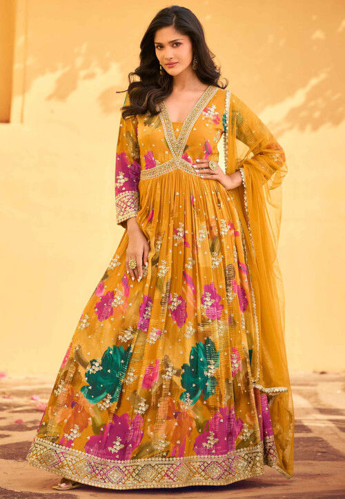 Digital Printed Chinon Chiffon Abaya Style Suit in Mustard