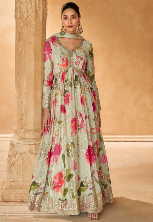 Digital Printed Chinon Chiffon Abaya Style Suit in Off White