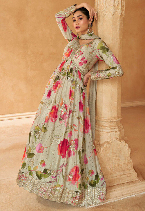 Digital Printed Chinon Chiffon Abaya Style Suit in Off White