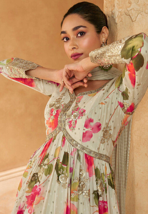 Digital Printed Chinon Chiffon Abaya Style Suit in Off White