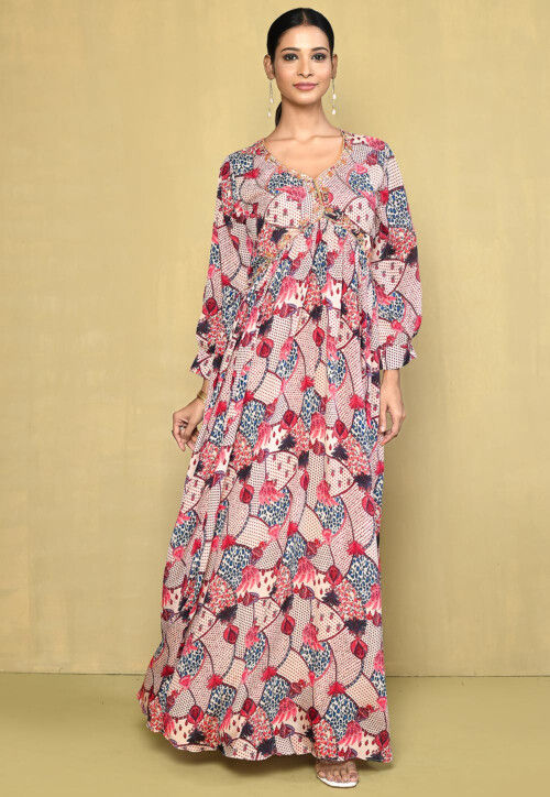 Digital Printed Chinon Chiffon Abaya Style Suit in Peach : KNH81