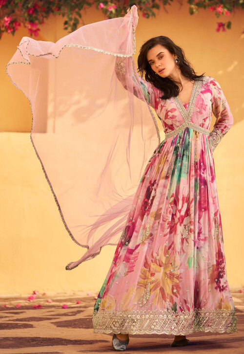 Digital Printed Chinon Chiffon Abaya Style Suit in Pink