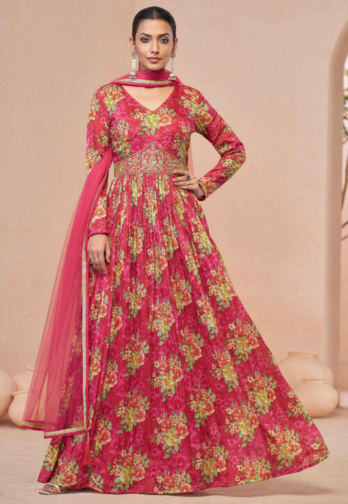 Digital Printed Chinon Chiffon Abaya Style Suit in Pink