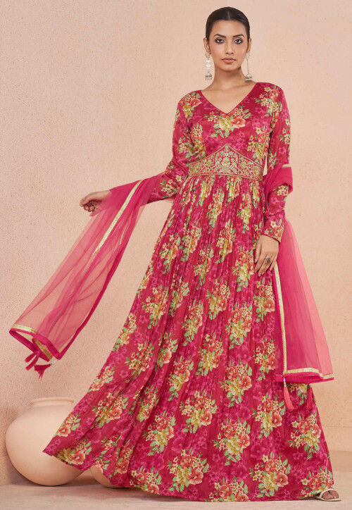 Digital Printed Chinon Chiffon Abaya Style Suit in Pink