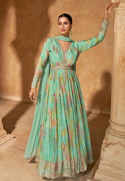 Digital Printed Chinon Chiffon Abaya Style Suit in Sea Green