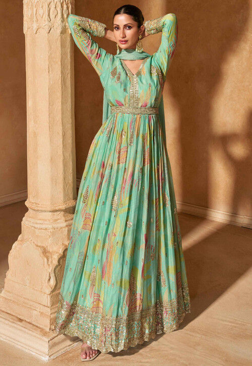 Digital Printed Chinon Chiffon Abaya Style Suit in Sea Green