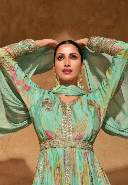 Digital Printed Chinon Chiffon Abaya Style Suit in Sea Green