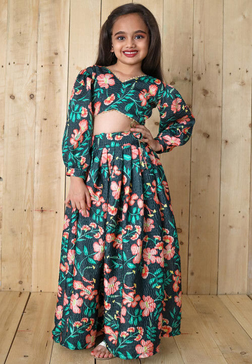 Digital Printed Chinon Chiffon Crop Top Set in Dark Green